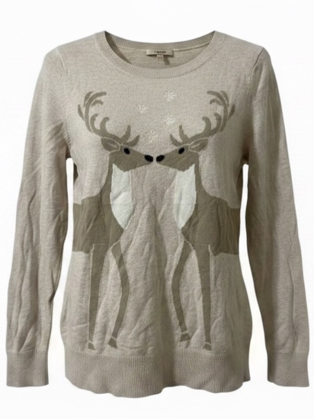 LOFT Reindeer Winter Holiday Knit Sweater Beige Small